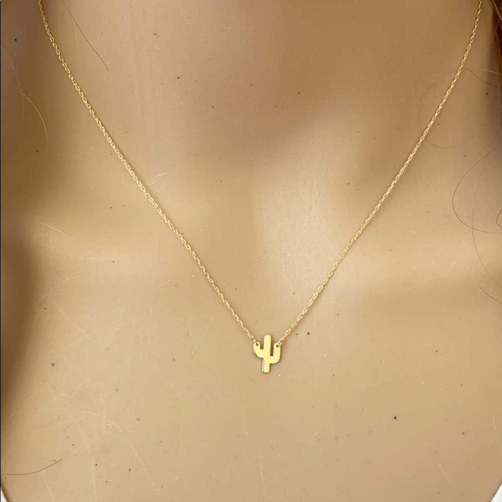 14K Solid Yellow Gold Mini Cactus Dainty Necklace